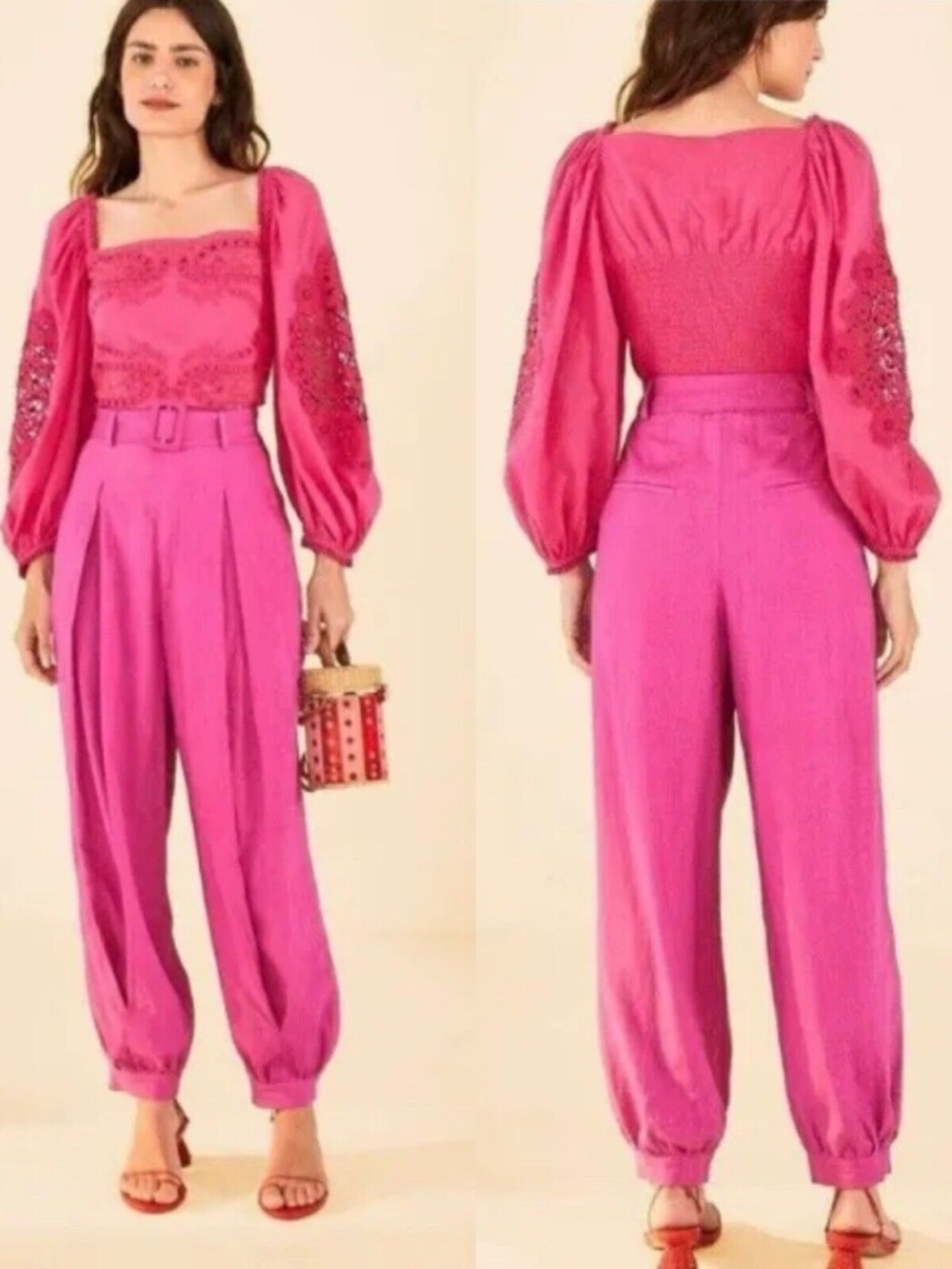 NWT- FARM Rio Pink 100% Linen Belted Harem Pants High Waist, Sz Medium, Balloon